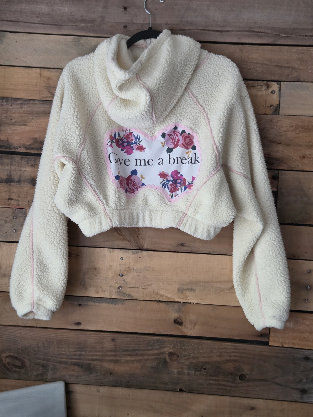 Upcycled Give Me a Break Cream Sherpa Hoodie